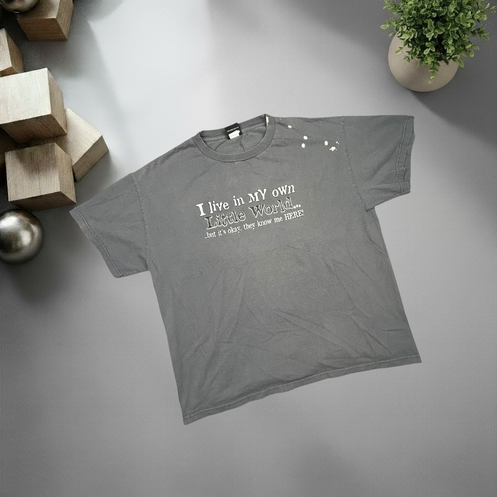 Vintage Y2K Hybrid Tees I Live In My Own‎ Little World Graphic Shirt Gray Large